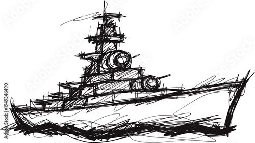 warship silhouette illustration with multiple gun turrets and radar tower in sketch