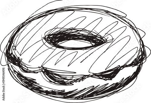 Hand drawn sketch of a doughnut with icing and round shape outline on white background