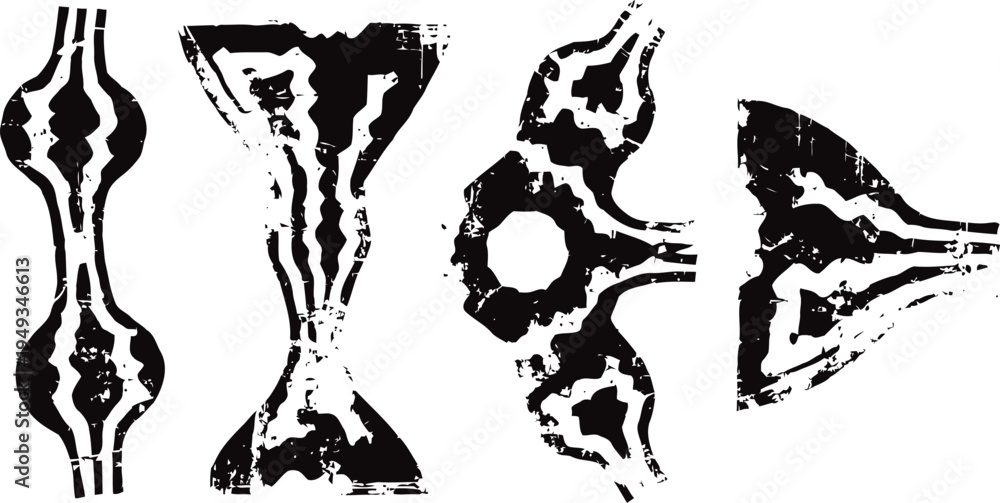 Fototapeta premium Black abstract ink shapes organic forms in various symmetrical designs on white background