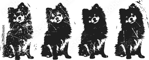 black and white artistic sketch of four sitting small dogs in a row, digital grunge
