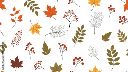 Seamless background pattern featuring various autumn leaves and clusters of red berries on a plain white surface.