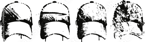 four worn vintage baseball caps showing different stages of use and wear on white background