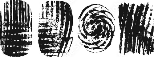 Abstract black ink brush strokes and grunge textured paint marks set on white background