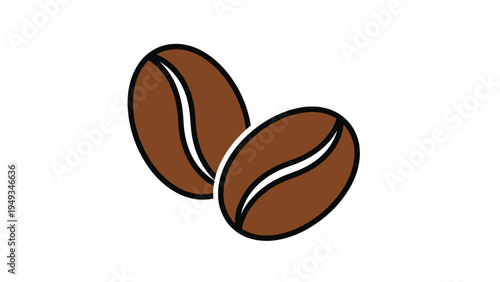 Illustration of two dark roasted coffee beans with white details isolated on a plain white background for cafe branding.