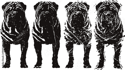 Black dog silhouettes set four standing bulldog poses canine pets, animal shape collection, minimal art