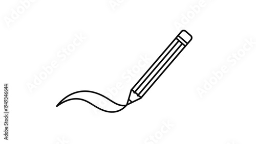 Simple black and white line drawing of a pencil creating a flowing wavy line on a clear white background surface.