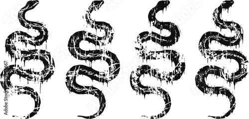 grunge abstract snakes distressed silhouette reptile icons, black ink texture with curling snake bodies