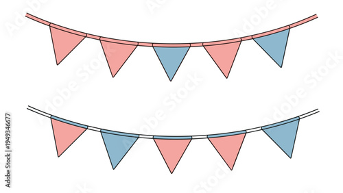 Two strands of festive party bunting with pink and blue triangular flags hanging for a celebration or special event.