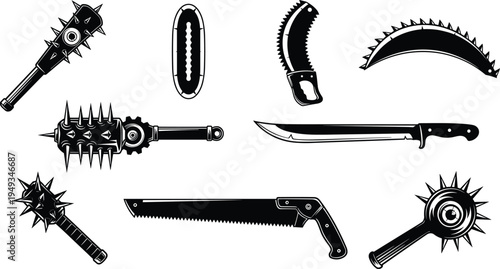 Medieval fantasy weapon silhouette set featuring spiked maces, jagged saw blades, tactical knives, and barbaric combat gear for game design icons. (Exactly 20 words)