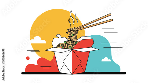 Vibrant graphic scene showing a white and red takeout container filled with noodles and chopsticks against a bright yellow sun and blue clouds.