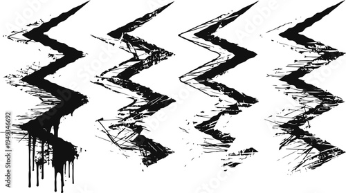 Abstract black zigzag lines with grunge texture and paint splatter effect on white background