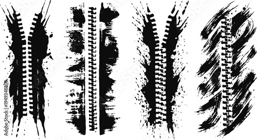 Four grunge tire tracks with dirty splatter effects off road vehicle tread marks in black ink brush design