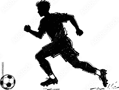 silhouette of male soccer player running and chasing soccer ball in dynamic motion