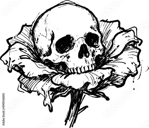 Skull in flower black and white hand drawn illustration of human skull centered inside blooming flower with petals