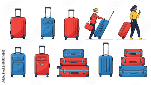 Large collection of travel luggage icons showing suitcases in red and blue along with people moving with bags.