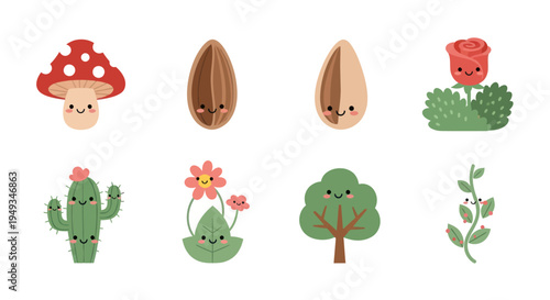 Cartoon plant life elements on white