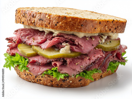 Roast beef sandwich with pickles and lettuce on sourdough