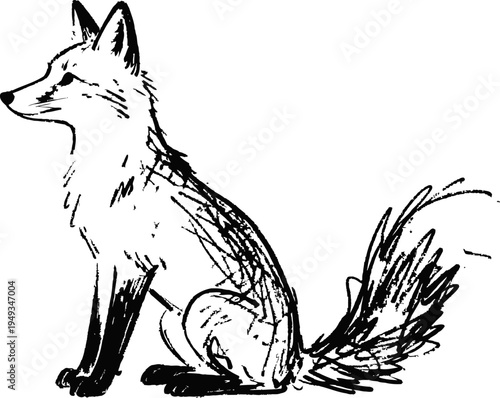 black ink sketch of a sitting fox with detailed fur and bushy tail on white background