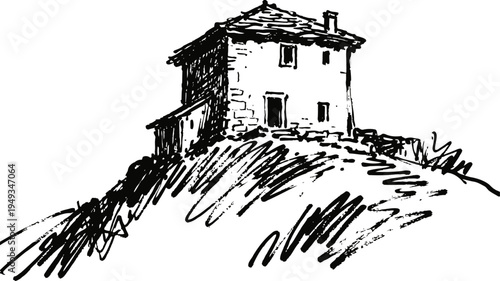 sketch of a rustic house on a hill with rough terrain and natural surroundings