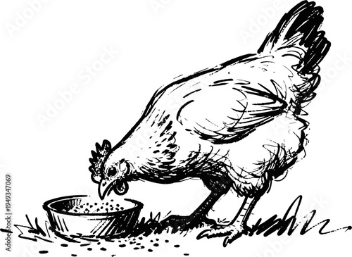 Chicken feeding from a bowl in the grass farm animal eating food outdoors rural poultry scene