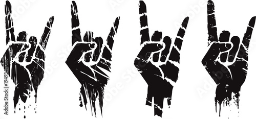 Grunge rock and roll hand gesture set with distressed texture showing heavy metal sign in four variations