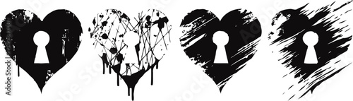 set of black heart shapes with keyhole silhouettes and artistic paint splatter effects