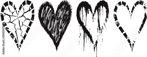 Artistic grunge heart silhouettes in unique distressed styles on white background