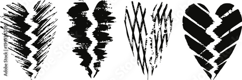 Set of grunge isolated black feather silhouettes rough texture, distressed bird wings collection