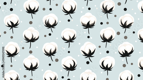 Repeating pattern featuring white fluffy cotton bolls with dark green stems and scattered gray dots on a soft light blue background for textile design.