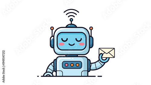 Friendly blue robot character with a smiling face and closed eyes holding a small white envelope while a signal icon glows above its head antenna.