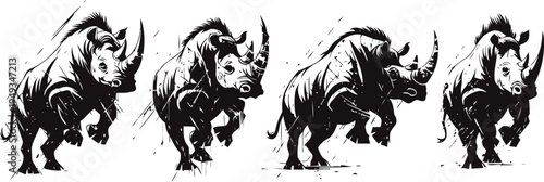 strong charging rhino silhouettes in dynamic sketch style, powerful wildlife animal artwork