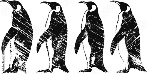 grunge penguin silhouettes in a row with textured distressed effect