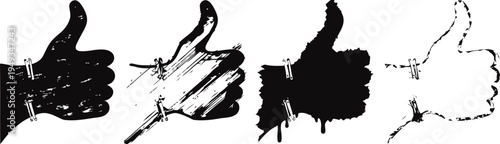 Black grunge thumbs up icons set positive approval symbol in distressed and outline styles