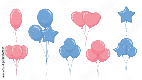 Collection of pink and blue party balloons in various shapes like stars, hearts, and rounds for festive decorations.