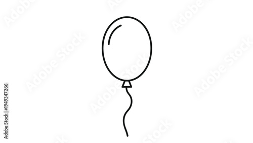 Simple black line drawing of a single oval shaped balloon floating with a long wavy string attached at the bottom on a white background space.