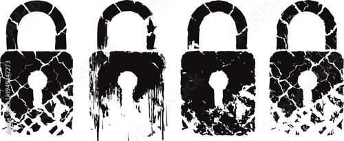 grunge black padlock icons set with distressed texture and keyhole silhouettes
