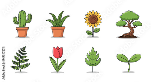 Cartoon plants in pots and nature elements