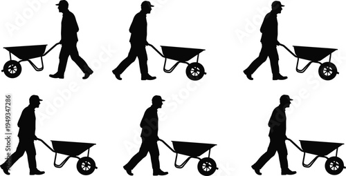 Manual laborer silhouette set pushing wheelbarrows for construction and gardening work representing industrial transport and heavy material handling service icons. (Exactly 20 words)