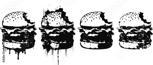 black and white burgers set with bite marks and paint splatter grunge hamburger illustrations
