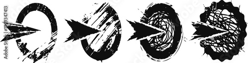 black arrow hitting circular targets with grunge splatter effect in a sequence of four stages