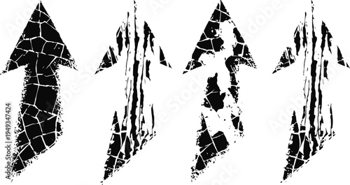 Set of four grunge black rough arrows pointing upwards in different cracked and distressed textures