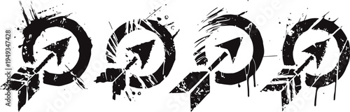 Grunge archery target with arrows in center, black ink splatter design set