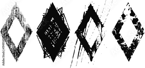 Grunge diamond shapes set rough textured geometric elements with distressed ink splatter design