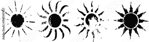 black sun silhouettes with rays in varying artistic and grunge styles isolated on white