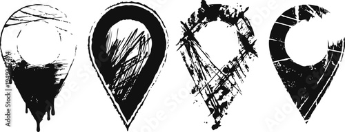 grunge map location markers set black distressed geographic pins with textured edges for navigation and direction concepts
