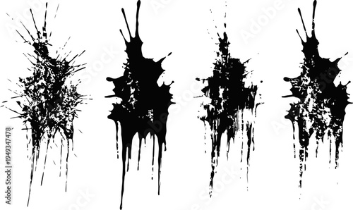 Black ink splatters and blots with drips on white background, grunge abstract paint drops