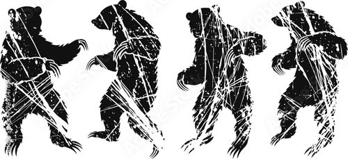 grizzly bears silhouettes standing and walking black bears in various poses with textured overlay design