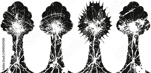 Abstract grunge trees silhouettes in black and white with textured distressed effect and rough overlays