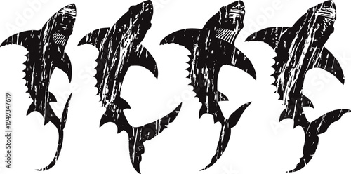 Black silhouette illustrations of tiger sharks showing different swimming positions and details