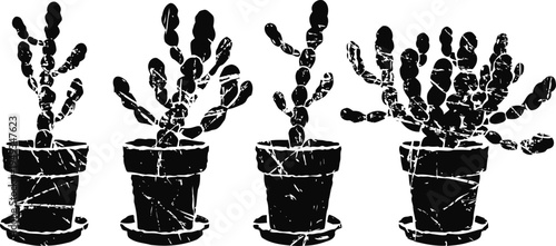 Set of four different black silhouette potted cacti with cracked texture in vintage